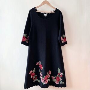 Charter Club Black Knit Sweater Dress w/ Red Embroidered Flowers Size 2X
